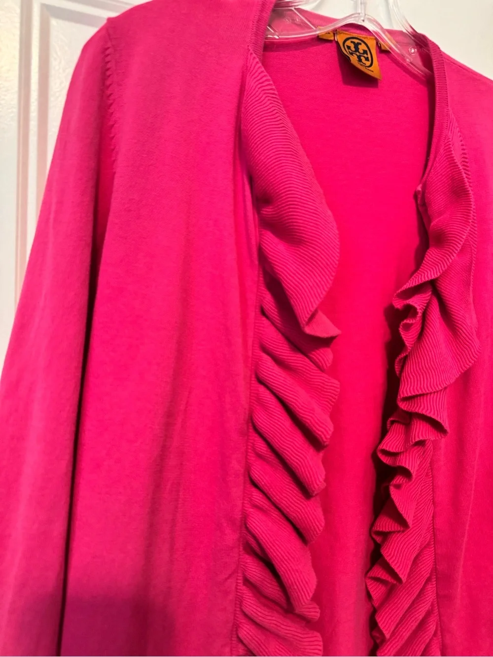 Tory Burch Pink Ruffle Open Front Cardigan Sweater XS 100% Cotton Lightweight